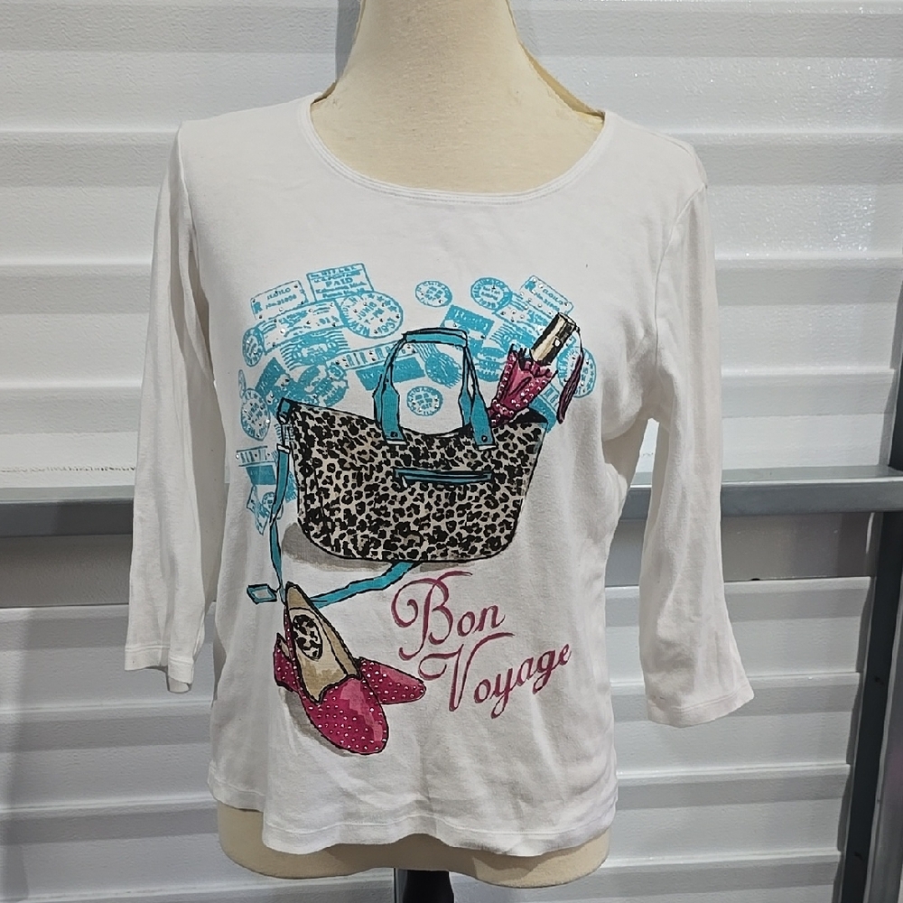Karen Scott Blue and White Graphic Fitted 3/4 Sleeve Tee